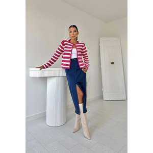 Pull en tricot rayé fuchsia pour femme, manches longues, décontracté, anti-boulochage - Product Image 3