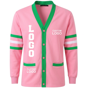 Pink Green Contrast colors Cotton Fleece <b>cardigan</b> <b>Women</b> Long Sleeve V-Neck Open Stitch Anti-Wrinkle <b>Button</b> Front Custom logos - Product Image 1
