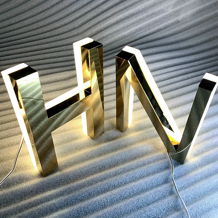 Logotipo de letras luminosas de publicidad comercial, logotipo LED 3D personalizado, logotipo retroiluminado de acero inoxidable personalizado