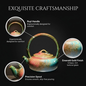 Tetera artesanal de gres con esmalte flambé artístico de horno Jun, asa estilo bambú, y efecto de cambio de color, para té <span class=keywords><strong>Kung</strong></span> <span class=keywords><strong>Fu</strong></span> - Product Image 3