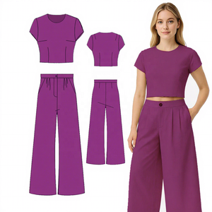 Fabbrica all'ingrosso signore due pezzi Set <span class=keywords><strong>di</strong></span> <span class=keywords><strong>lino</strong></span> produttore su misura Crop Top e <span class=keywords><strong>pantaloni</strong></span> <span class=keywords><strong>larghi</strong></span> per le donne - Product Image 1