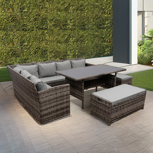 Ensemble <span class=keywords><strong>de</strong></span> <span class=keywords><strong>salon</strong></span> d'extérieur en <span class=keywords><strong>rotin</strong></span> PE 9 places avec canapé d'angle, table, banc et ottoman pour <span class=keywords><strong>jardin</strong></span> et terrasse - Product Image 2