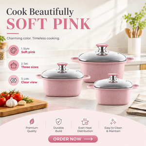 <span class=keywords><strong>Set</strong></span> di <span class=keywords><strong>Pentole</strong></span> OEM all'Ingrosso, 6 Pezzi in Alluminio Rosa con Rivestimento in <span class=keywords><strong>Pietra</strong></span>, Granito e Marmo, con Manopole in Silicone - Product Image 1