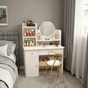 Table de maquillage moderne et brillante pour chambre à coucher et salon, avec miroir à LED, panneau MDF, chaise à dossier, grande capacité de rangement, <span class=keywords><strong>tiroirs</strong></span> - Product Image 6