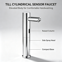 Robinet de lavabo sans contact à capteur infrarouge, chromé miroir, cylindrique, à ouverture automatique pour lavabo commercial