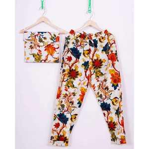 Conjunto de 2 Piezas para Mujer, Estampado a Mano, 100% Algodón Satinado, 220g, Transpirable, Cintura Elástica, Cuello en V, Estilo Casual, Otoñal, Largo Completo - Product Image 2