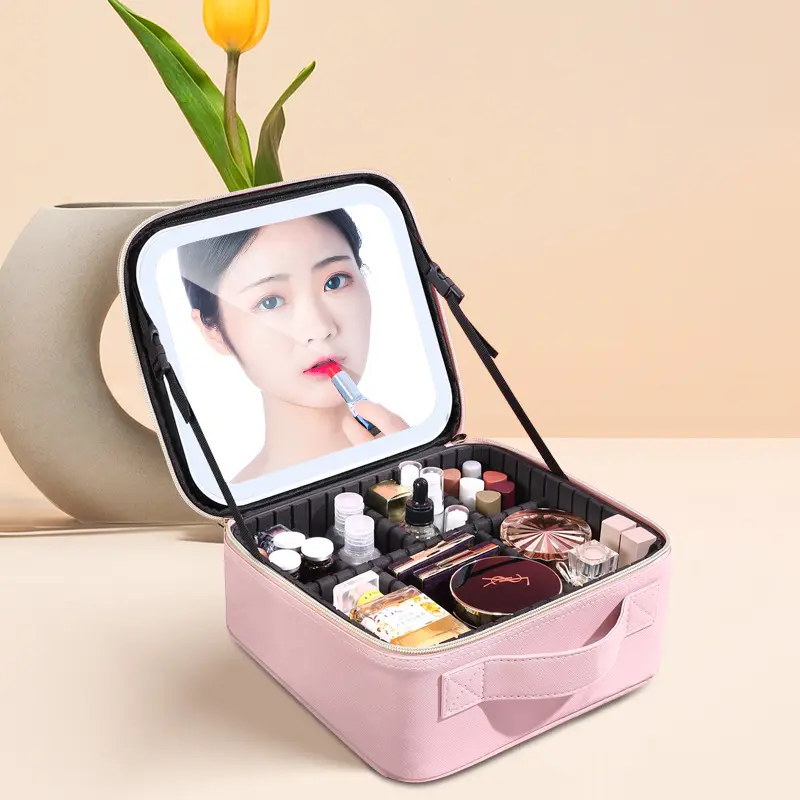 Lighted Makeup Case Travel Make up Train Case with Adjustable Dividers Cosmetic Bags with HD Foldable Magnifying Mirror