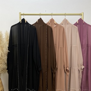 Latest Chiffon Abaya Lace up Cuff Gorgeously White Pearls <b>Cardigan</b> Muslim Women Kaftan Fashion Open Abaya 1964# - Product Image 6