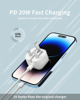 Cargador de Pared Plegable Universal USB Tipo-C de 20W con Enchufe para Reino Unido, Carga Rápida PD, Resistente al Fuego, para Teléfonos Móviles, Auriculares y Relojes Inteligentes