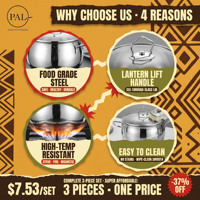 Ensemble de 3 ustensiles de cuisine en acier inoxydable pour la vente en gros : Casserole à lait 16 cm, Casserole à sauce 20 cm, Poêle à frire 22 cm, Compatible induction, pour la cuisine domestique