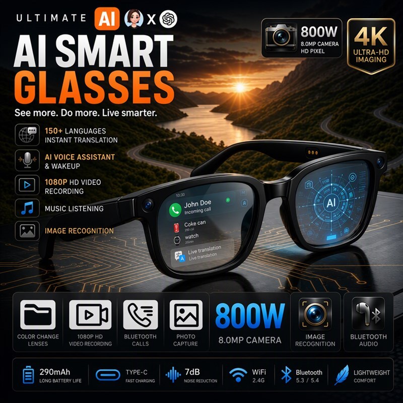 Ai Smart Glasses Camera hd 4k 1080p Video Recording Built-in ChatGPT Smart Ai Glasses with Ai Assistant and Translator