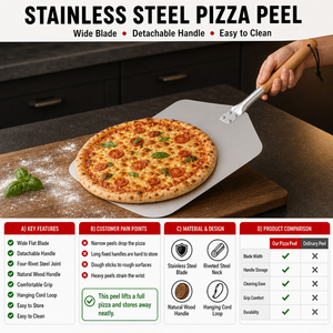 Accesorios <span class=keywords><strong>de</strong></span> Cocina, Pala para Pizza Deslizante <span class=keywords><strong>de</strong></span> Aluminio <span class=keywords><strong>de</strong></span> 12 Pulgadas con Mango <span class=keywords><strong>de</strong></span> Madera Desmontable para Hornear Masa - Product Image 2