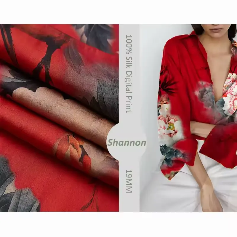 Custom print 91% Silk 9% spandex stretch silk georgette fabric digital printing red floral printed fabric for dress scarf