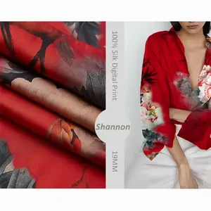 Impresión personalizada 91% seda 9% spandex seda elástica Georgette tela Impresión digital rojo floral impreso tela para vestido bufanda