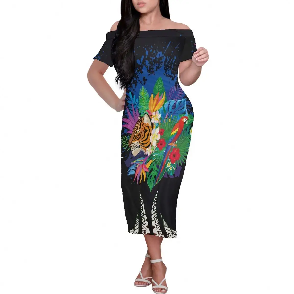 Dames Maxi Sexy Jurk Polynesische Hibiscus Casual Off Shoulder Jurken Eiland Stijlen Tribale Dames Jurk Print Op Aanvraag