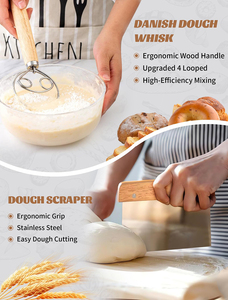Factory Natural Rattan Eco-Friendly Bread Proofing Basket <b>Set</b> Sourdough <b>Baking</b> Kit 2 Baskets 2 Liners Danish Whisk Dough Scraper - Product Image 3