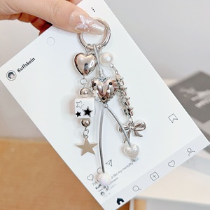 Punk Style Girl Purse Bag Decoration Silver Balloon Heart Charm Keychain Acrylic Star Bead Tassel <b>Keyring</b> for Women Mobile Phone - Product Image 3