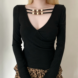 Camiseta de Manga Larga Estilo Gótico Oscuro para Mujer, Sexy, Cuello en V, Detalle de Cadena con Cuentas, Top de Punto, Ropa Casual para Salir de Fiesta - Product Image 2