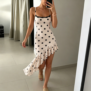 Vestido midi con estampado de lunares para mujer, con ribete de encaje, dobladillo asimétrico, sin mangas, informal, para vacaciones, vestido de verano - Product Image 2