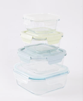 Ensemble de 4 bols en verre borosilicate trempé pour micro-ondes, carrés, hermétiques, avec compartiments, pour la conservation des aliments