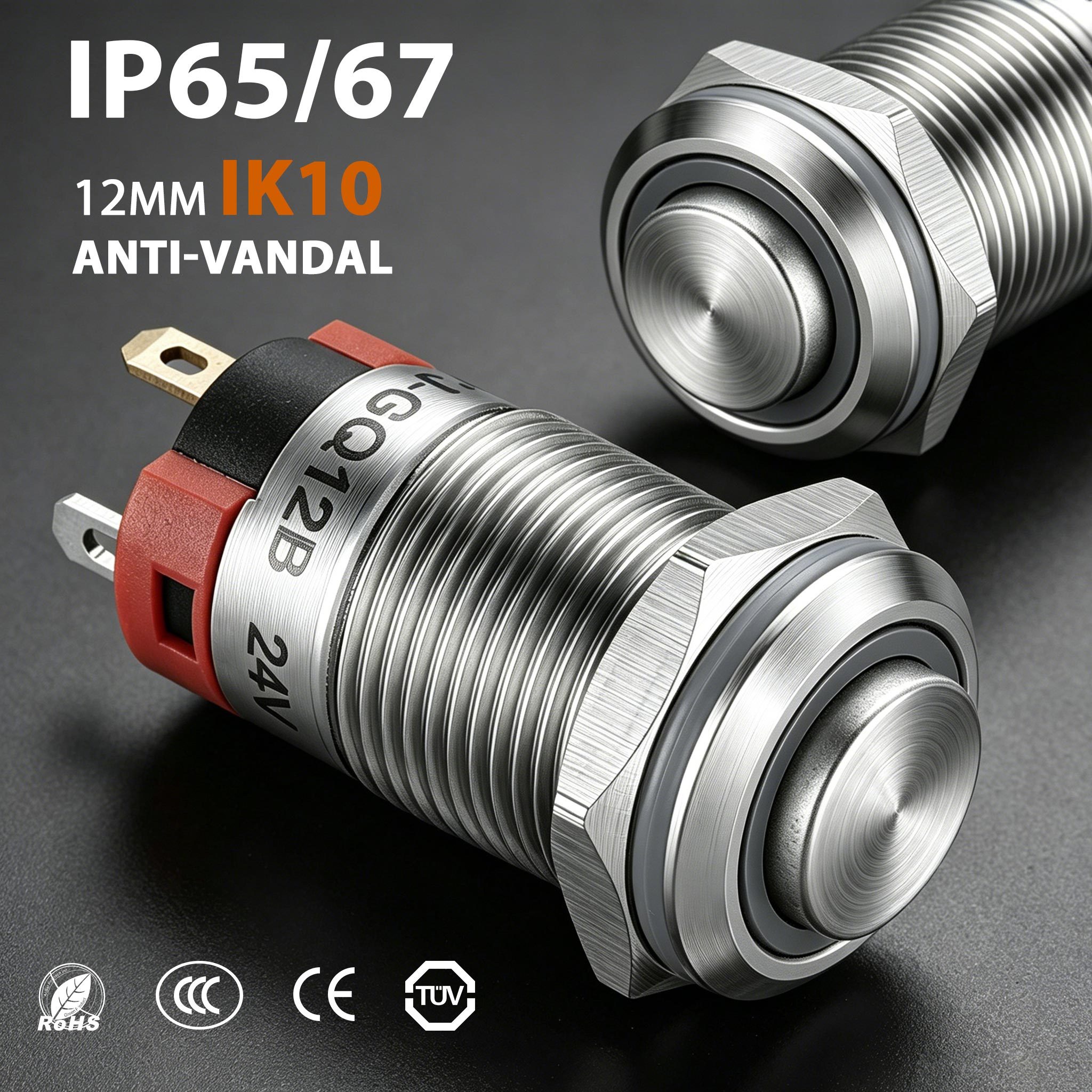 Stainless Steel IP67/IP65 Waterproof <strong>220V</strong> 12mm Momentary <strong>5A</strong> 1NO Silver Custom Home Appliance <strong>Push</strong> <strong>Button</strong> <strong>Switch</strong> for Control