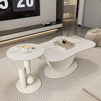 Table basse en pierre frittée effet nuage brillant, base métallique en forme de croissant, table à thé personnalisable à monter soi-même et table d'appoint ronde assortie pour la maison
