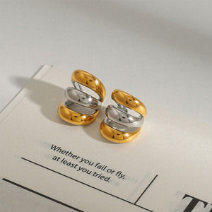 <b>Clip</b>-On Earrings Gold Silver Color-Blocked Three-Layer Geometric Stainless Steel Jewelry Fashion Accessory - Product Image 1