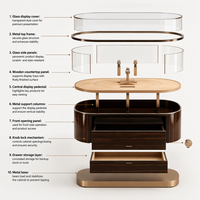 Vitrine d'îlot pour montres en placage de bois ovale de luxe |   Comptoir de présentation de bijoux en verre haut de gamme pour boutique de détail