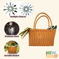 Tuinhandgereedschapset met rieten opbergmand, roestvrijstalen schop, hark, cultivator, werkhandschoenen, set voor buiten tuinieren