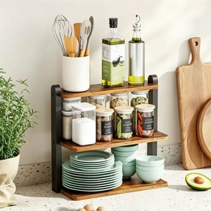Wooden And Wrought Iron 3 Tier Storage Rack For <b>Kitchen</b> Countertop Condiment Organizer With Lid Airtight Multipurpose - Product Image 1