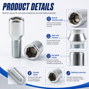 Pernos de Seguridad <span class=keywords><strong>Antirrobo</strong></span> de Acero de Alta Resistencia para Ruedas, con Asiento Cónico y Encaje Estrella, Recubiertos de Zinc, para Modificación de <span class=keywords><strong>Llantas</strong></span> de Automóvil - Product Image 3