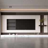 Meuble TV moderne en bois avec cheminée, plusieurs tiroirs et rangements, option murale avec panneau LED pour salon et home cinéma
