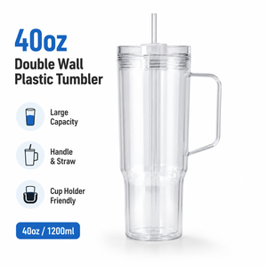 كوب بلاستيكي شفاف مزدوج الجدار بسعة 40 أونصة مع مقبض وشفاطة للسيارة، متوفر بالجملة - Product Image 2