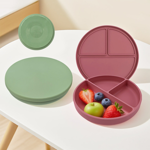 Assiette à ventouse en silicone pour bébé avec 3 compartiments, sans BPA, plateau repas divisé, motif dessin animé, poignée, couvercle à débit lent - Product Image 6