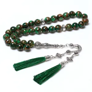 High Quality Gold Green Stone Islamic Prayer Beads 33 Sibha Tasbeeh Misbaha Muslim Tasbih