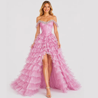 Robe de soirée rose à épaules dénudées ornée de diamants, haute couture, en tulle scintillant, à volants, pour le bal et les événements.