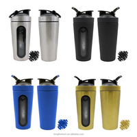 Bouteille de sport portable en acier inoxydable de 700 ml avec logo personnalisé et fenêtre transparente, shaker à protéines, mélangeur en plastique pour camping