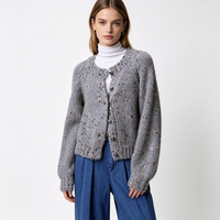 Pull en laine et cachemire mélangé pour femme, doublé, col rond, chaud, automne-hiver, grammage élevé, doux, coupe ample, couleur unie, tricot ajouré