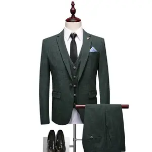 Kaliteli moda resmi 3 adet erkekler S Slim Fit ceket tasarlanmış zümrüt yeşil yaka erkek keten takım elbise