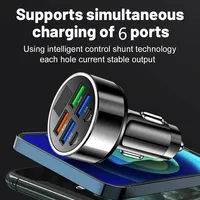 Adaptor Mobil Pengisian Cepat 6-in-1 5V/2A Dual Type-C dengan Layar Digital untuk Smartphone, Tablet, Power Bank, Charger Portabel Hitam