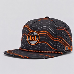 Casquette de golf abstraite motif vague noir orange gris, imperméable, avec patch PVC, cordon, snapback, 5 panneaux, perforée, respirante, pour homme et femme, idéale pour l'extérieur - Product Image 1