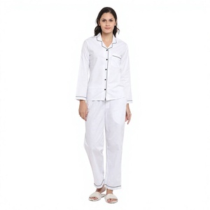 Women's 100% Cotton Long Sleeve Pajama <b>Set</b> <b>White</b> Classic Two-<b>Piece</b> Soft Woven Sleepwear Spring Full Length Button Fly - Product Image 1