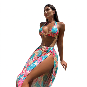 Tropical Print <b>Bikini</b> Set Women Halter Top Skirt Bottom Spandex Polyester Swimwear Summer Beachwear Fashion Two <b>Piece</b> - Product Image 1