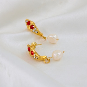 Boucles d'oreilles imperméables en acier inoxydable plaqué or, perles pendantes, cristaux rouges, verts et transparents, luxe pour femmes, mariage, fête - Product Image 4