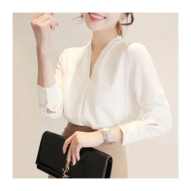 White Shirt Women Spring And Summer V-Neck Solid Color Professional Blouses Simple Sexy Loose Chiffon Blouse Korean