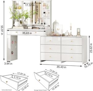 Coiffeuse blanche avec miroir LED éclairé et 8 tiroirs de rangement, table de maquillage avec prise électrique et 3 modes de couleur - Product Image 2