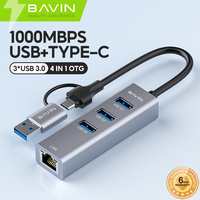 BAVIN Otg53 paduan Aluminium TPE 4 Port USB3.0 LAN RJ45 jaringan 1000mbps Data Hub Gigabit Ethernet Adapter untuk Laptop tablet