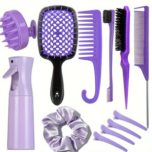 Hair <b>Styling</b> Tools Set With Comb Brush <b>Spray</b> Bottle Clips And Scrunchie Purple For General Use - Product Image 1