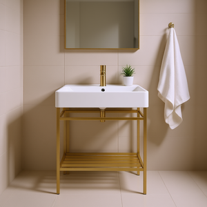Bathroom <b>Vanity</b> 24 Inch Rectangular Ceramic Basin Freestanding Gold Metal Frame Open Storage Shelves Modern Design - Product Image 2