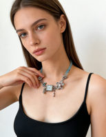 Kalung Liontin Jam Tangan XM N136 Biru Muda Berhias Manik-Manik untuk Wanita, Perak dengan Kristal Bunga dan Liontin Anggur, Perhiasan Menonjol